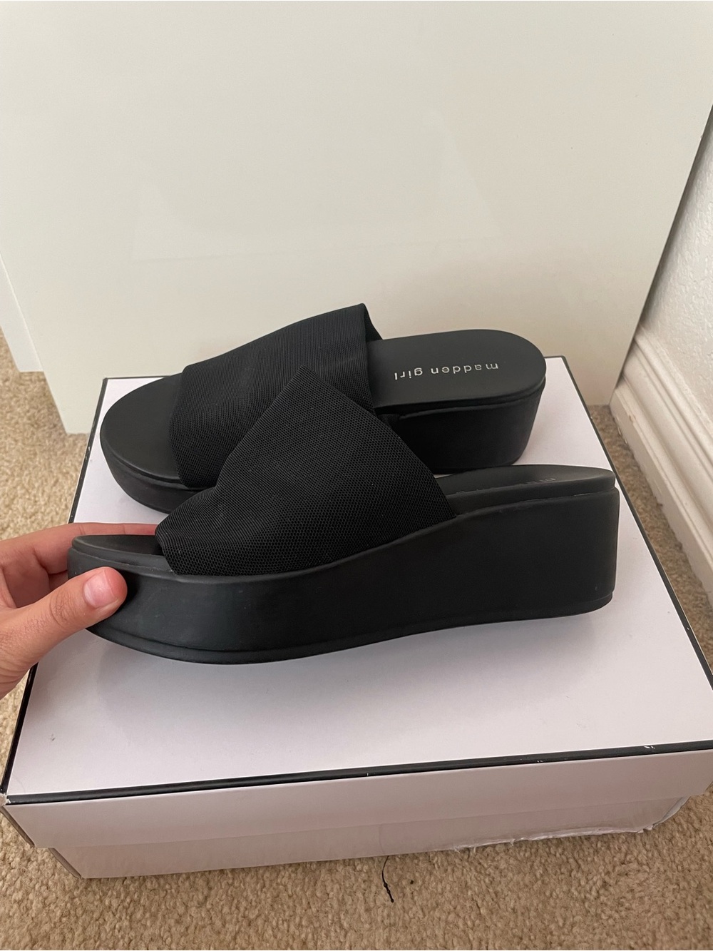 Madden Girl Black Chunky Platform Slide Sandals